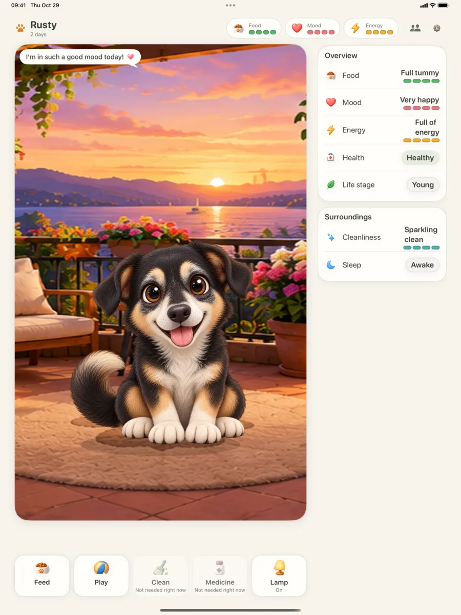 Love My Pet on iPad: Rusty, a black and tan puppy, on the balcony at sunset, with the overview panel.