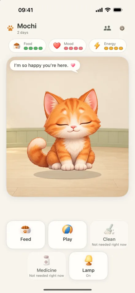 Love My Pet on iPhone: Mochi, an orange kitten, in the room. Food, mood and energy are full.