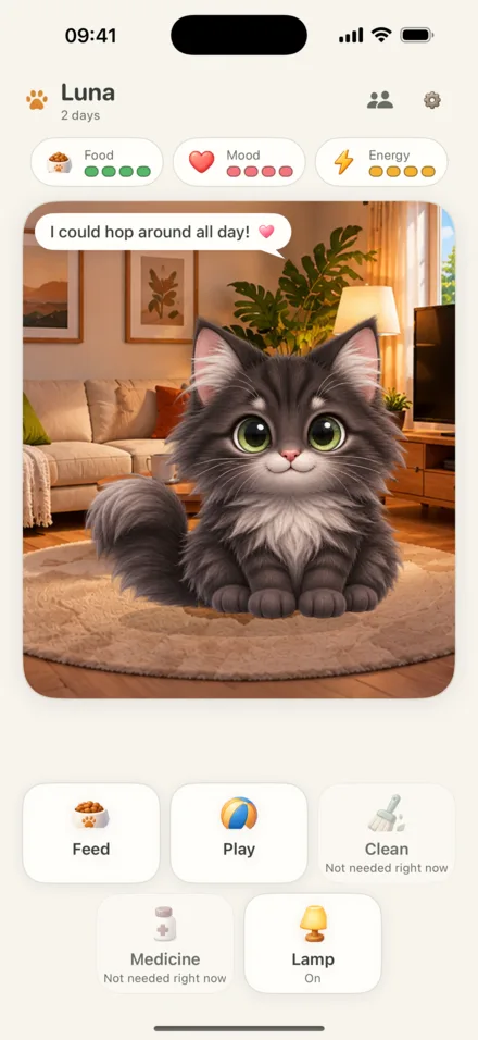 Luna, a charcoal kitten, in the living room on iPhone.
