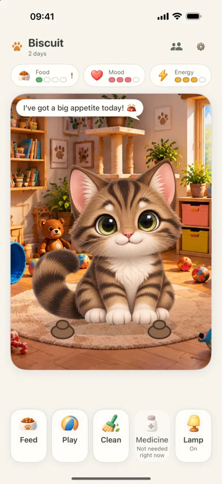 Love My Pet on iPhone: Biscuit, a brown kitten in the playroom, asks: Shall we check my bowl together?