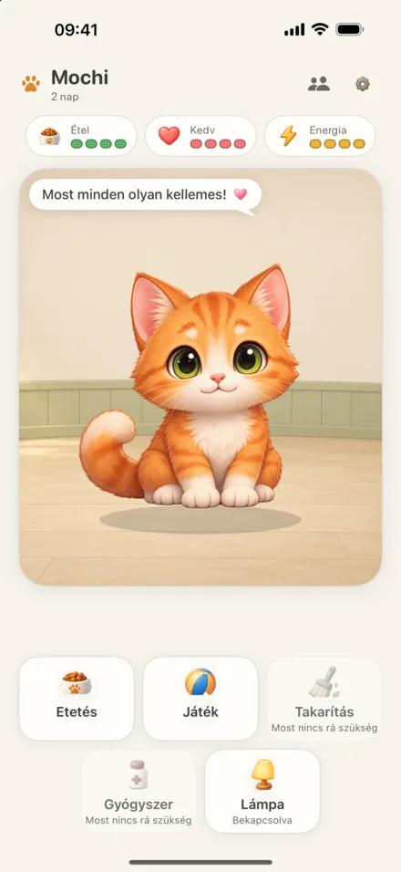 Love My Pet iPhone-on: Mochi, a vörös kiscica a szobában. Az étel, a kedv és az energia is tele.